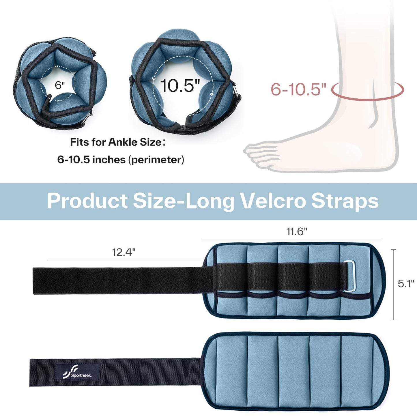 Sportneer Adjustable Ankle/Wrist Weights for Men Women Kids, Weighted Leg & Cuff Strength Training for Yoga Walking Running Aerobics Gym Fitness Physical Therapy (Dusty Blue, 2 lbs (x2))