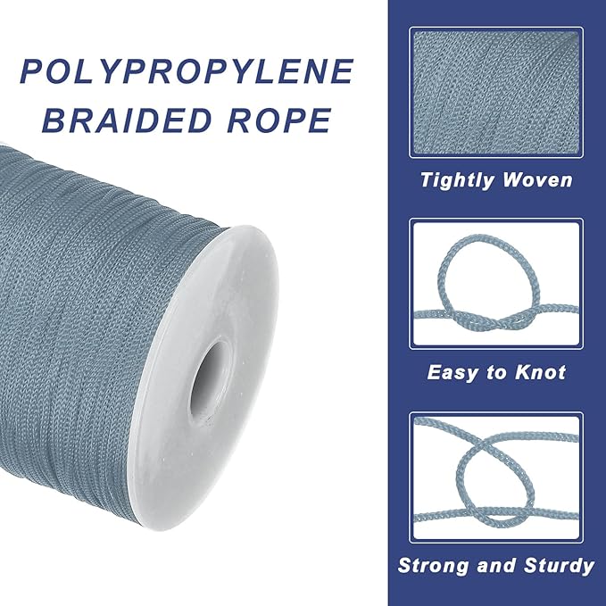 MECCANIXITY 1/16 Inch Polypropylene Rope Braided Ropes, 328ft Nylon Rope Hollow Utility Cord for Clothesline, Camping, Hiking, Outdoor, Light Grey