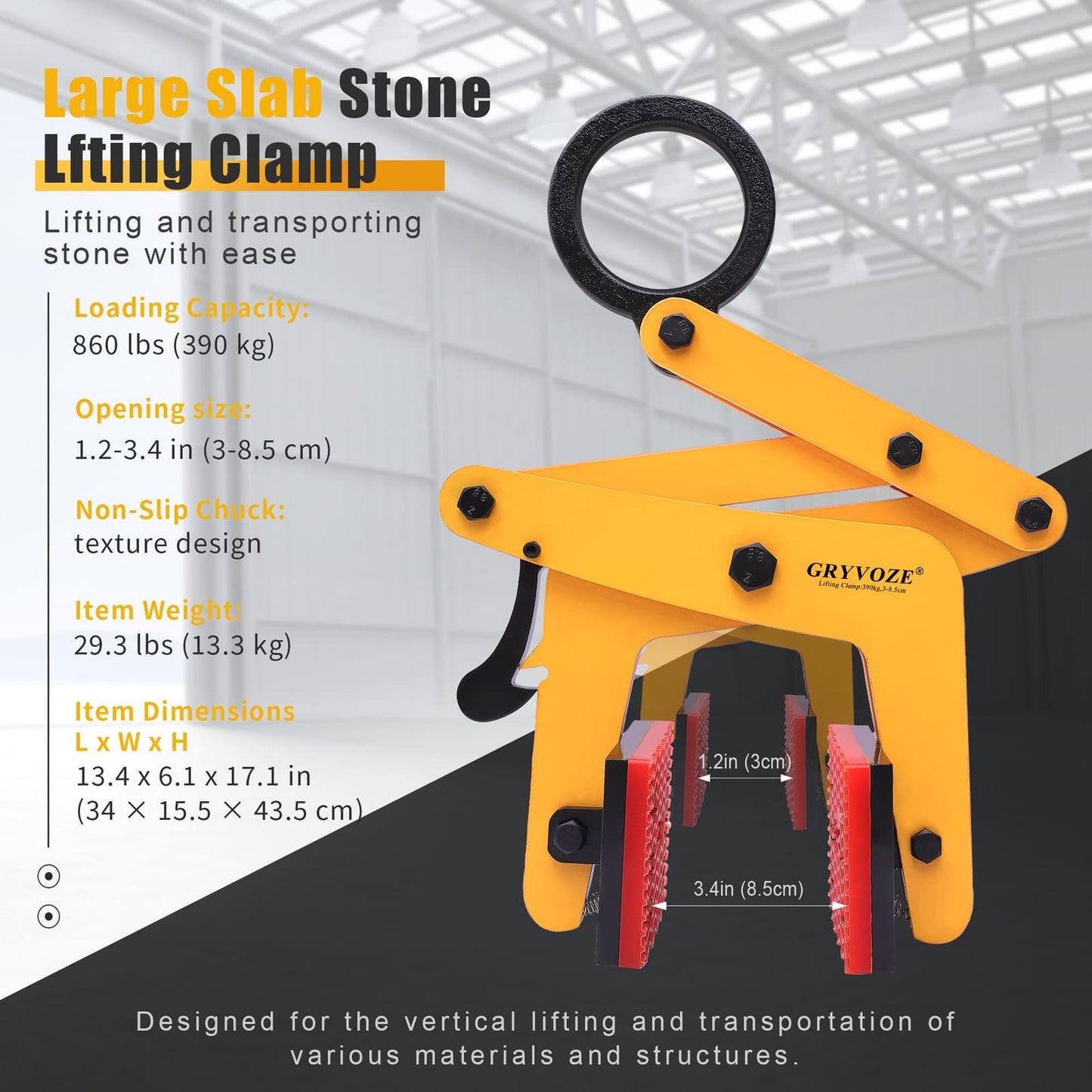 GRYVOZE 860lbs Granite Slab Lifting Clamp, 1.2"-3.4" A Shaped Heavy Duty Stone Lifter Equipment, Marble Carrying Clamps Tongs, also Suitable for Concrete, Steel, Rocks, Curbstones and Glass