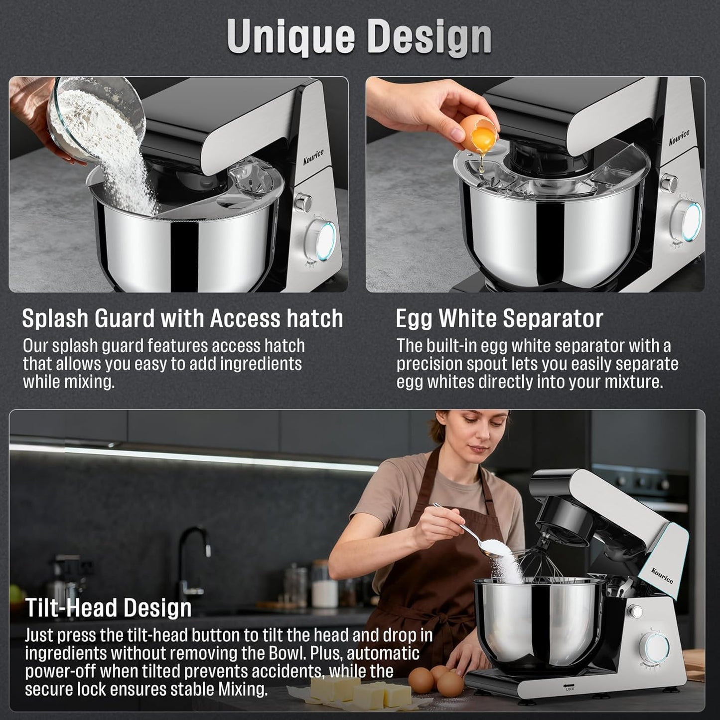 Kourice 6.5QT Tilt-Head Stand Mixer, Heavy Duty Pro 10-Speed Electric Mixer, Stainless Steel Cladding & Bowl with Dough Hook, Wire Whisk and Flat Beater for Home Baking, Bread, Cake, Pizza Dough