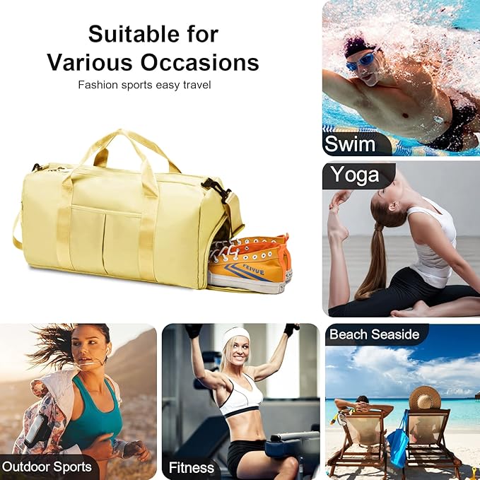 ZGWJ Sports Gym Bag with Wet Pocket & Shoes Compartment, Waterproof Shoulder Weekender Bag for Women and Men Swim Sports Travel Gym Bag Lightweight and easy Carry on Beige
