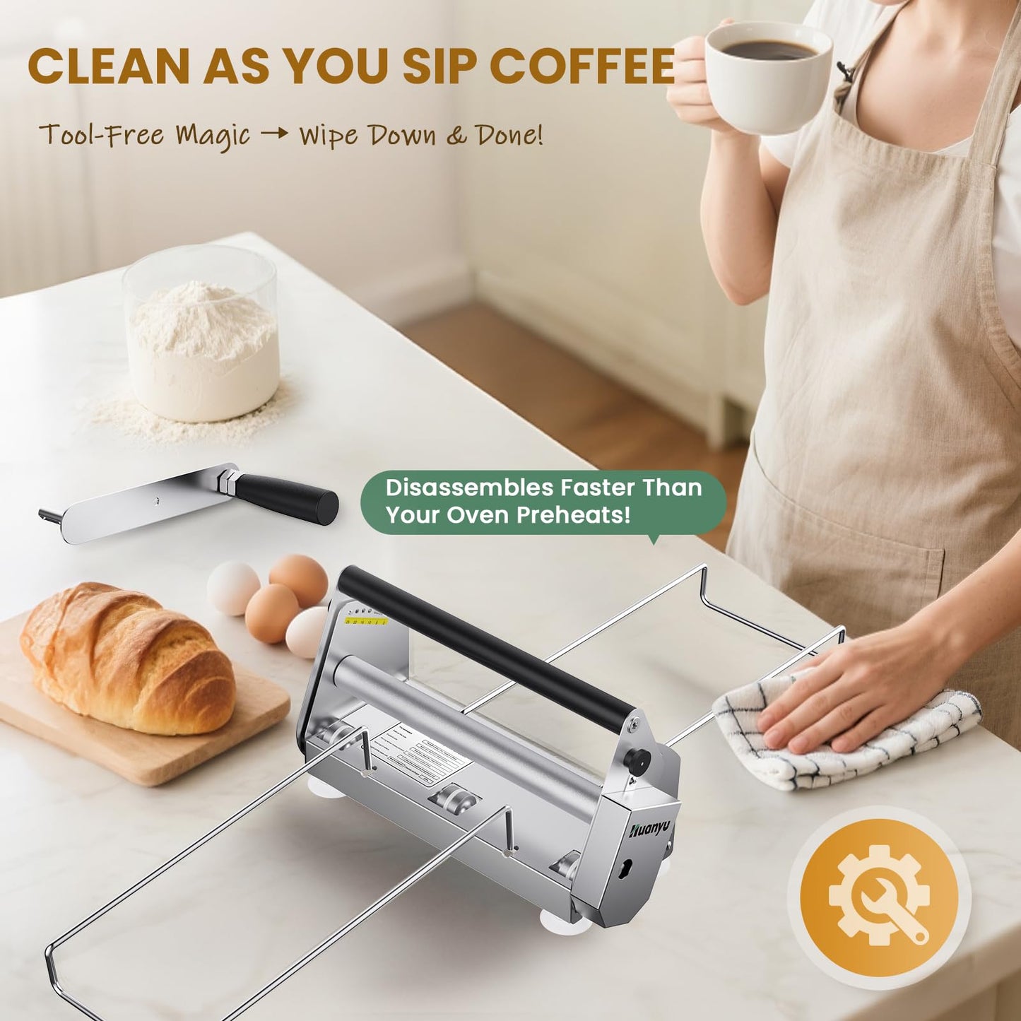 Huanyu Manual Dough Sheeter 12”, 10 Adjustable Thickness 0.1mm-17.5mm, Tool-Free Assembly, for Home Bakers & Small Bakeries, Croissant, Pizza, Pasta, Fondant