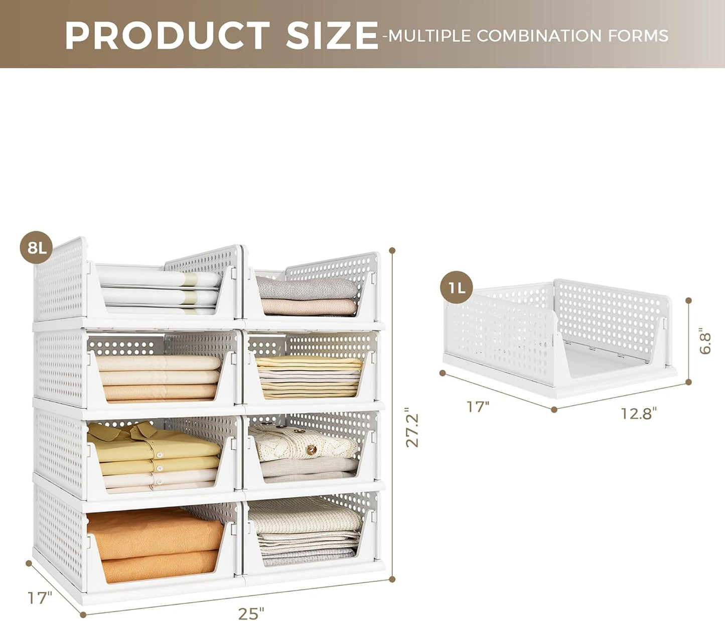 Pinkpum 8-Pack Closet Organizers - Stackable Plastic Storage Bins for Wardrobe & Kitchen | White