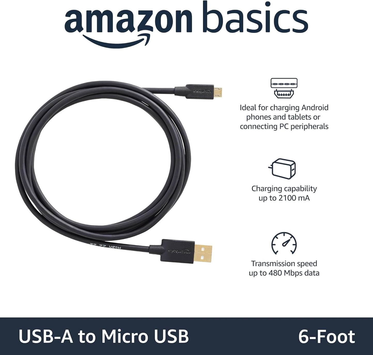 2-Pack 480Mbps 2.0, 6 Amazon Basics USB-A to Micro USB Cable, Android Charger, Transfer Speed, Gold-Plated Connectors