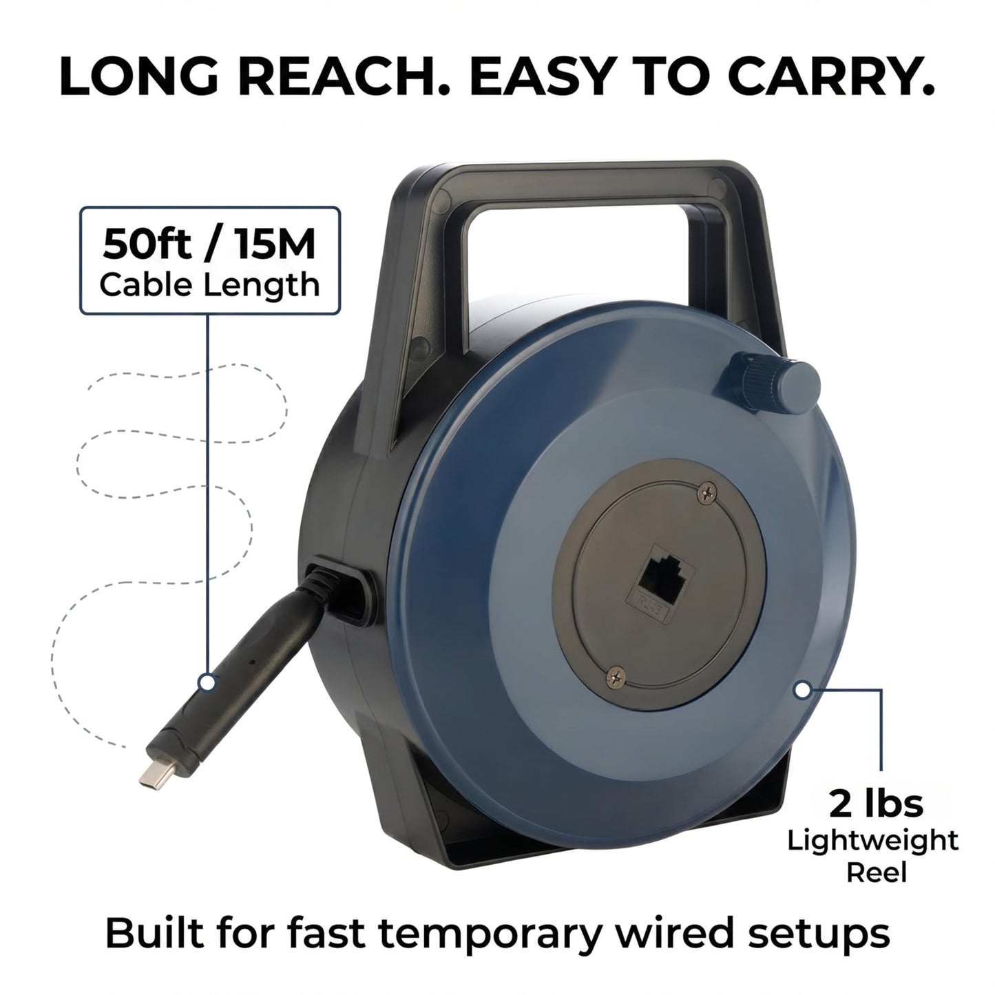 EXTNGO USB-C (Type-C) to Ethernet Cable Reel, 50Ft (15M) CAT6 Tough-Flat™, Up to 1 Gbps, Plug & Play, Truck-Pass Safe, Retractable Cable for Temporary Setups