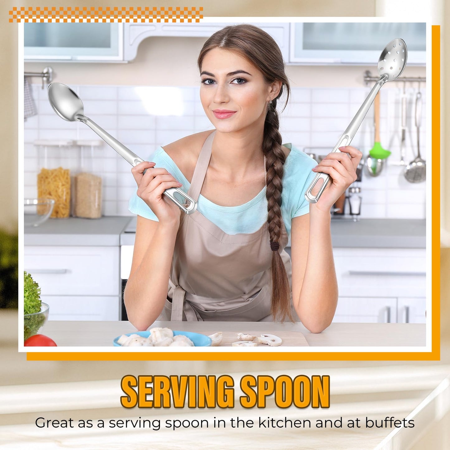 Teecyhooo 2 Pieces Silver Stainless Steel 15" Long Handle Basting Spoon Steel Solid and Slotted Spoon Set for Kitchen Serving Cooking Basting Accessories