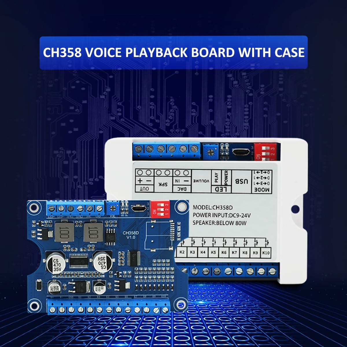 JRGKJCP 80W Module,CH358D 8MB 9-24V Download,MP3 Decoding,10-Way One-to-One,8 Vocie Playback Low Lever Trigger DC Sound