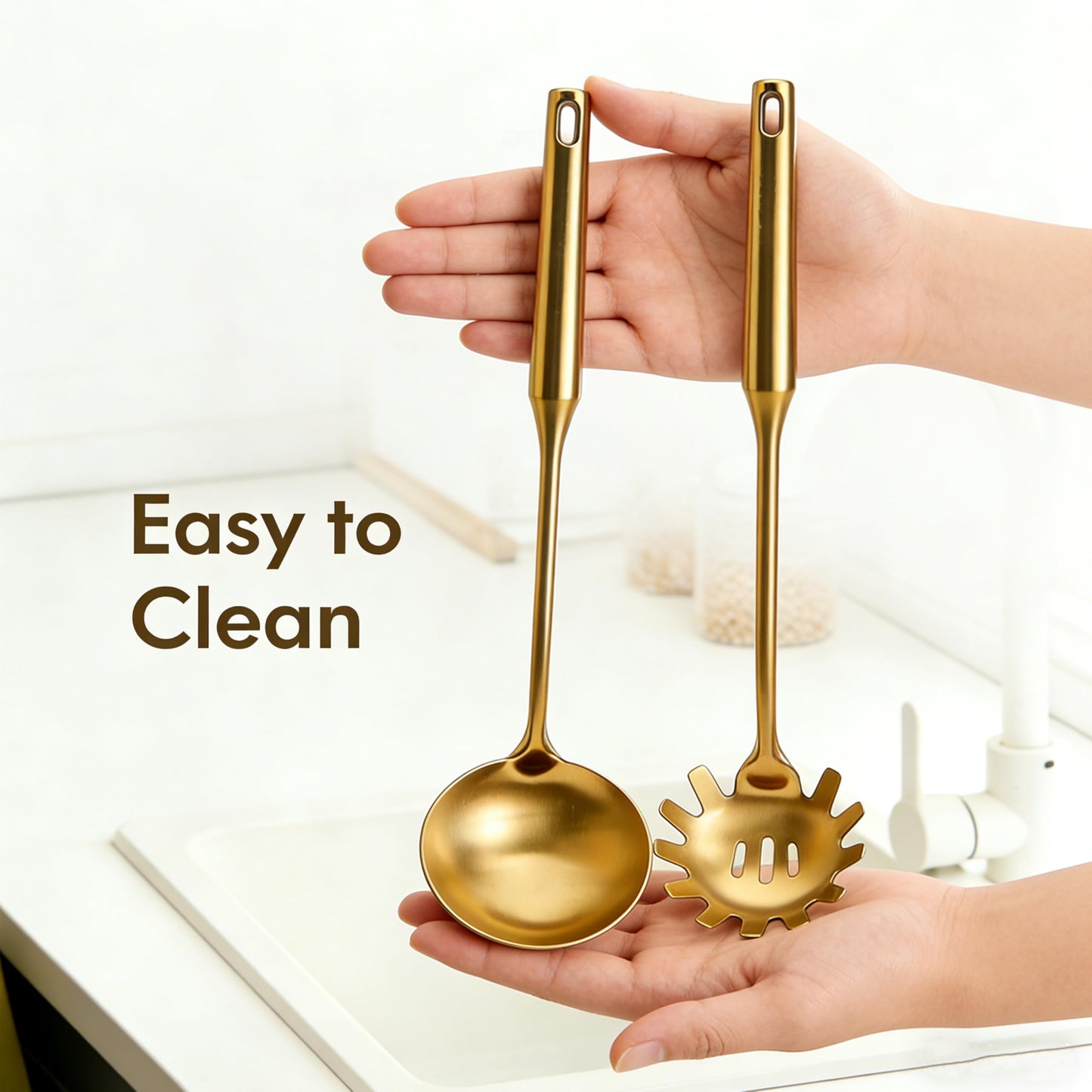 Gold Ladle Stainless Steel Strainer & Serving Spoons Set Premium Pasta Strainer for Cooking, Stirring, Serving Pasta, Soup & Sauce - Heavy-duty Kitchen Utensils for Daily Use & Gifting