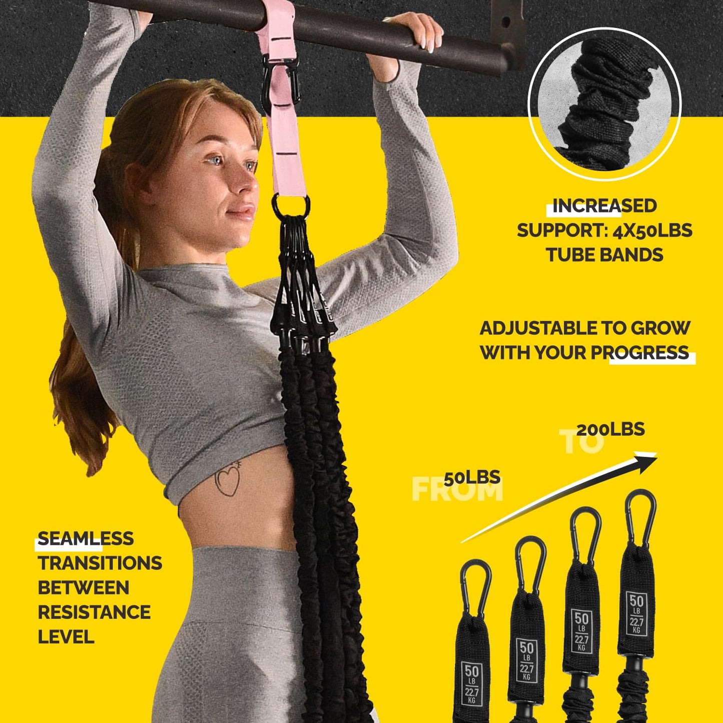Pull Up Assistance Bands Set - 4 Heavy-Duty Pull Up Bands, Height Adjustable Strap & Comfortable Foot Strap - Stackable Pull Up Resistance Bands for Pull Ups (Pink)