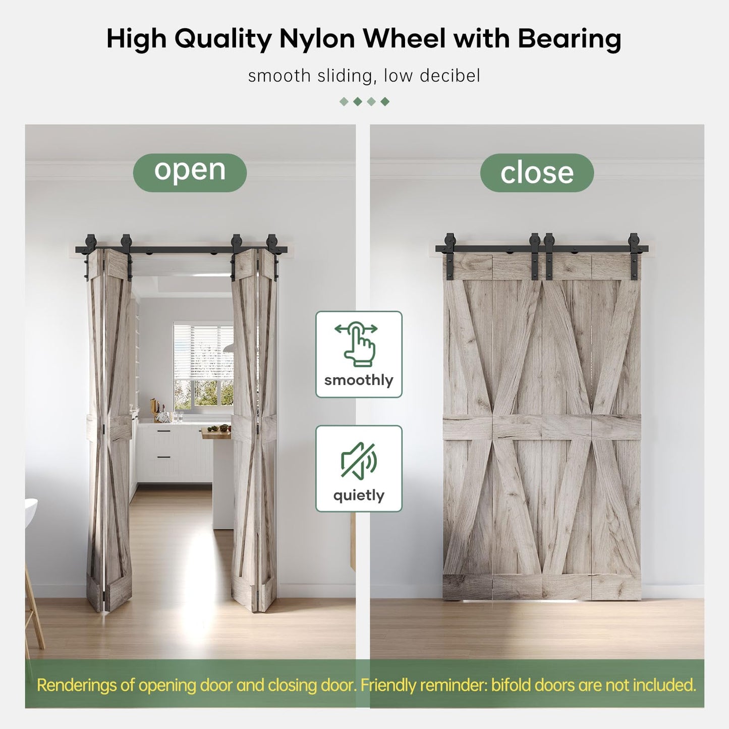 Roymelo 58" Bifold Sliding Barn Door Hardware Track Kit,Side Mounted Black J Shape Roller,Smoothly and Quietly,Assembly Easy,Fit Four 13.5" Bi-Folding Doors (Door Not Included)