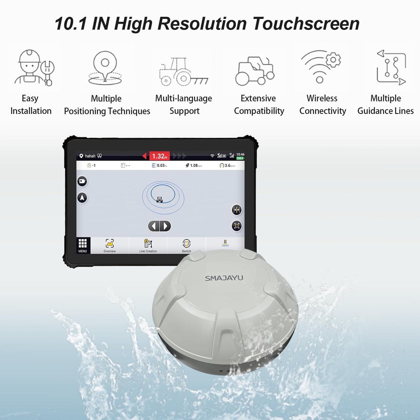 SMA10 Tractor GPS Guidance System for Agriculture, Precision Farming Navigation System with PPP and SBAS, 10cm Accuracy by PPP, 2.5cm by RTK High Accuracy Anti-Interference GNSS Antenna