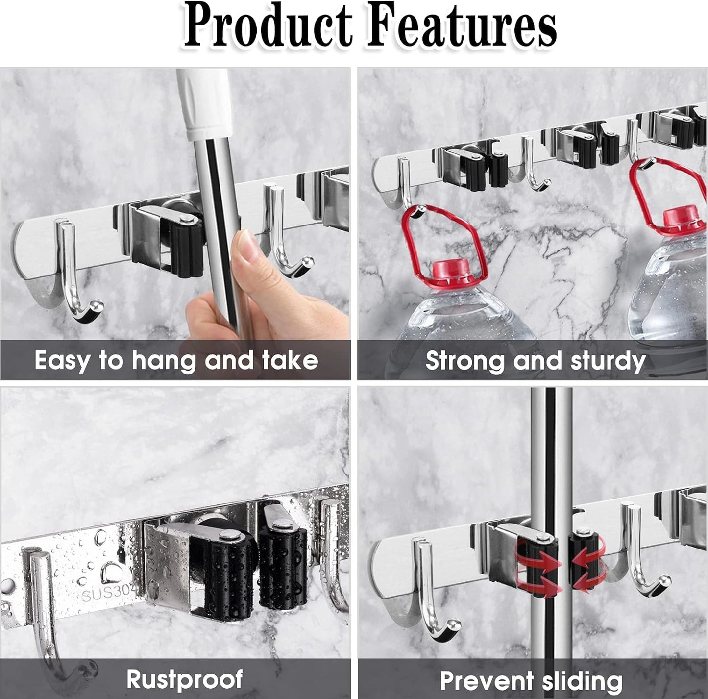 Skiennix Broom and Mop Holder - Wall Mounted Garage Organizer with 3 Racks & 4 Heavy-Duty Hooks | Stainless Steel, Non-Slip