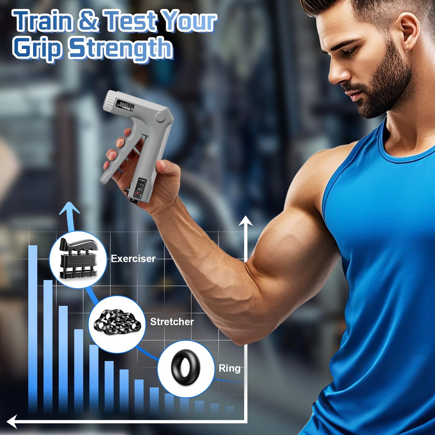 HICHOR Hand Grip Strength Trainer Kit - Hand Gripper Training Set with Adjustable Resistance 2 Finger Stretchers Extenders Finger Exerciser Forearm Workout Ring Exercise Equipment Accessories Gray