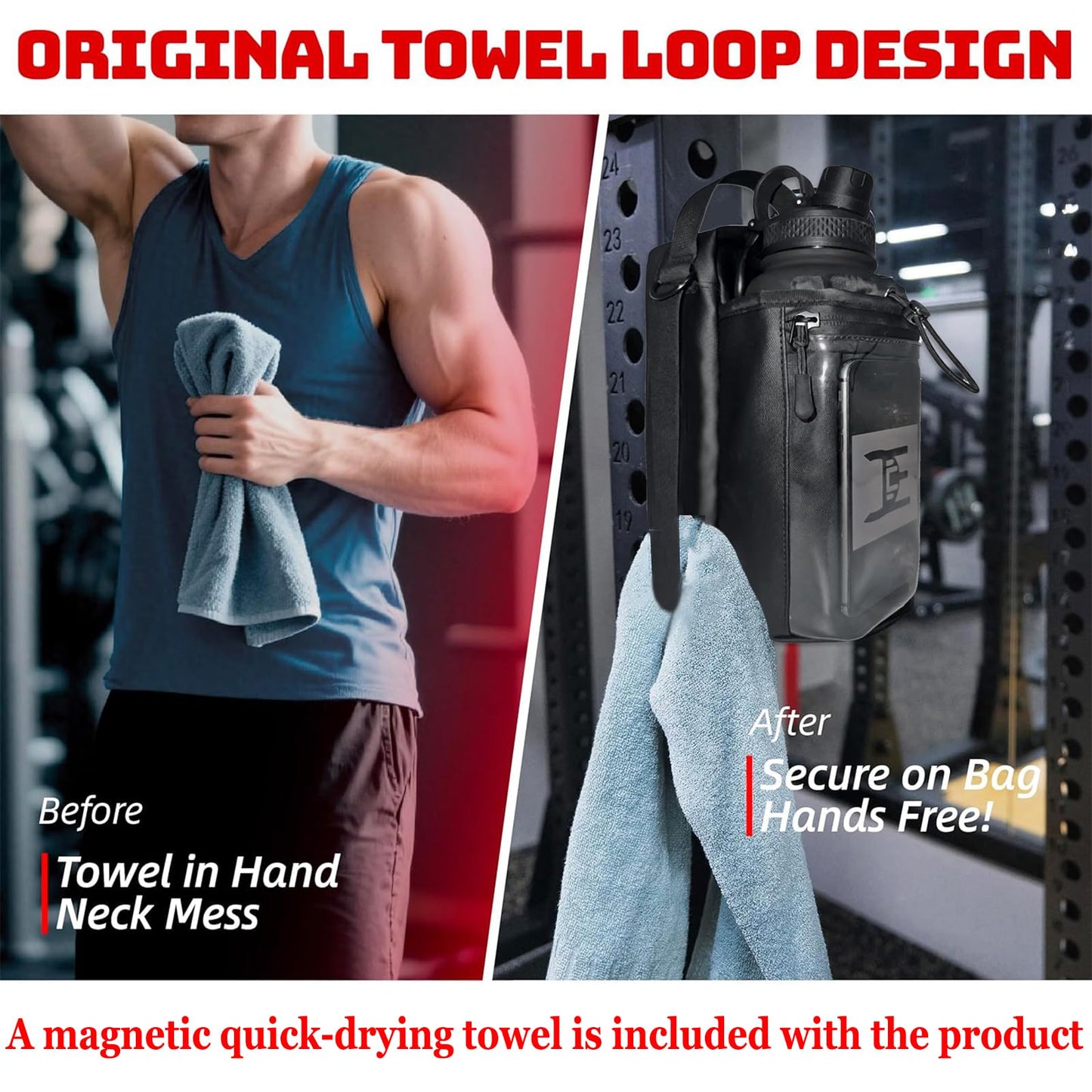 EC Ecoclasp Magnetic Gym Bag Water Bottle Holder Small Bag for Men, Gym Gifts, 11LB Strong Grip Waterproof 900D with Towel Accessories