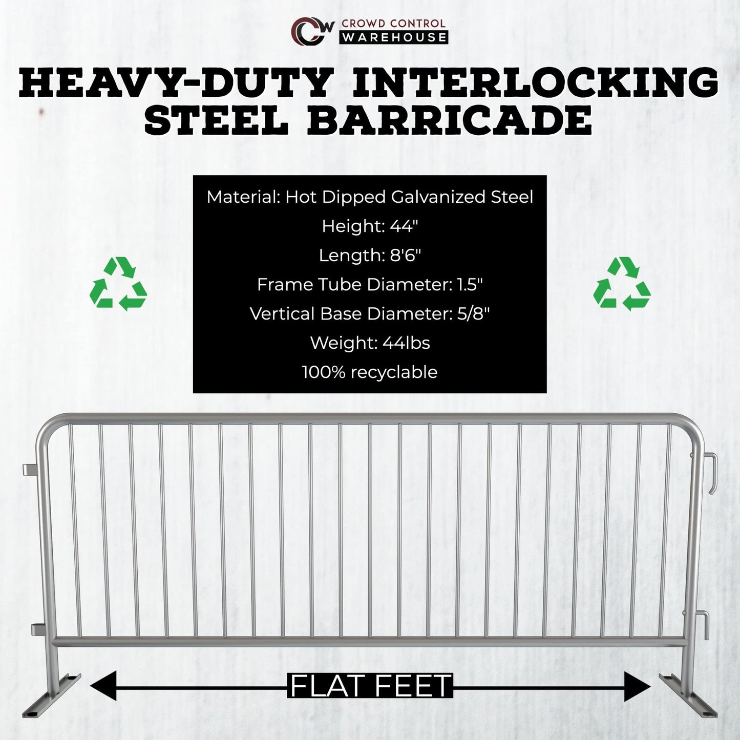 Angry Bull Barricades Barricade in a Box 2.0 - Heavy Duty Interlocking Steel Barricade, 8.5 Ft. (Hot Dipped Galvanized, Flat feet)