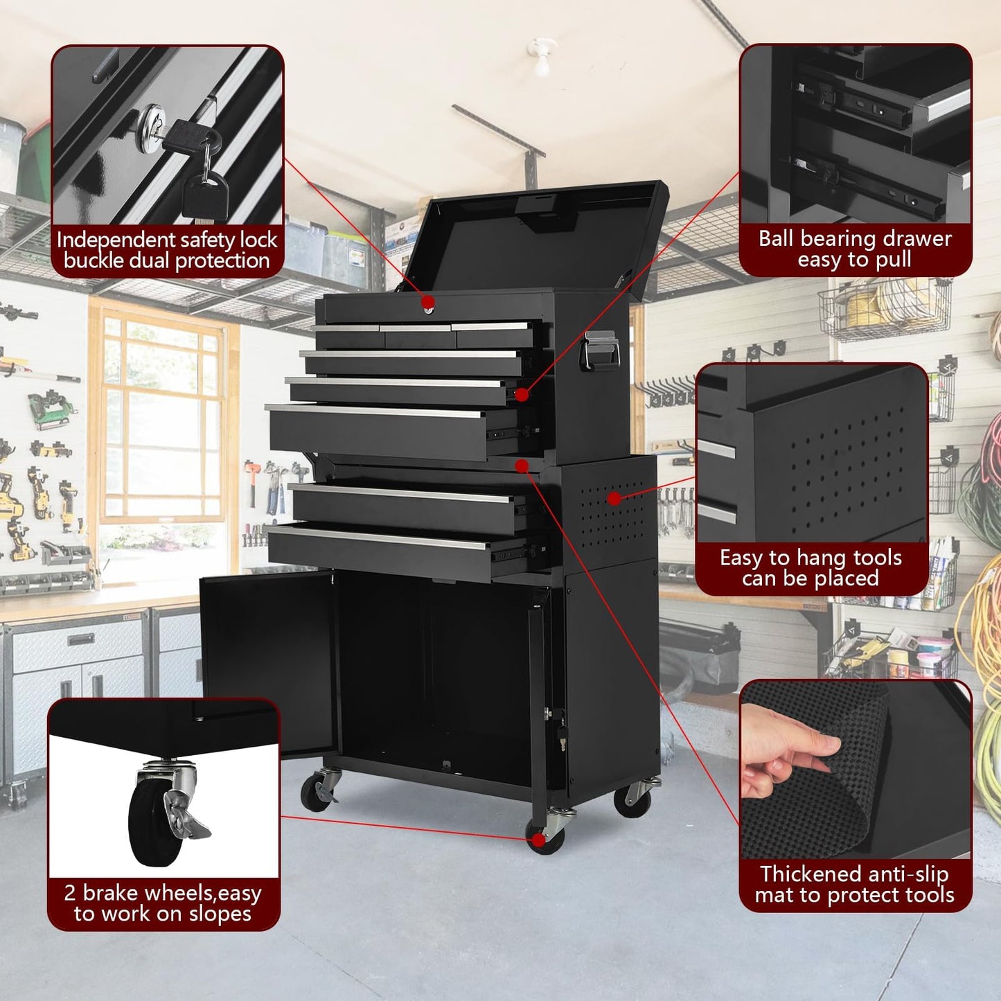Towallmark 8-Drawer Rolling Tool Chest, 2-in-1 High Capacity Removable Cabinet Storage Tool Box with Wheels and Drawers, Detachable Toolbox with Lock for Workshop Mechanics Garage (Black)