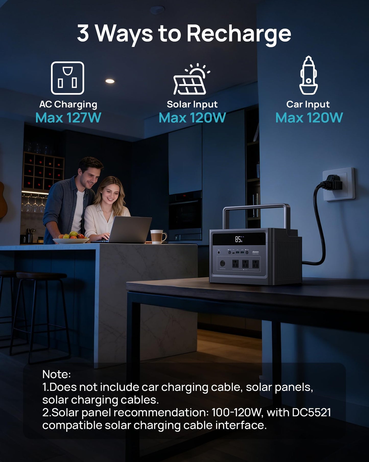 DaranEner Portable Power Station with 100W Solar Panel, 600W Solar Generator (1200W Peak), 576Wh LiFePO4 Battery Backup for Home, CPAP, RV Camping & Off-Grid Power