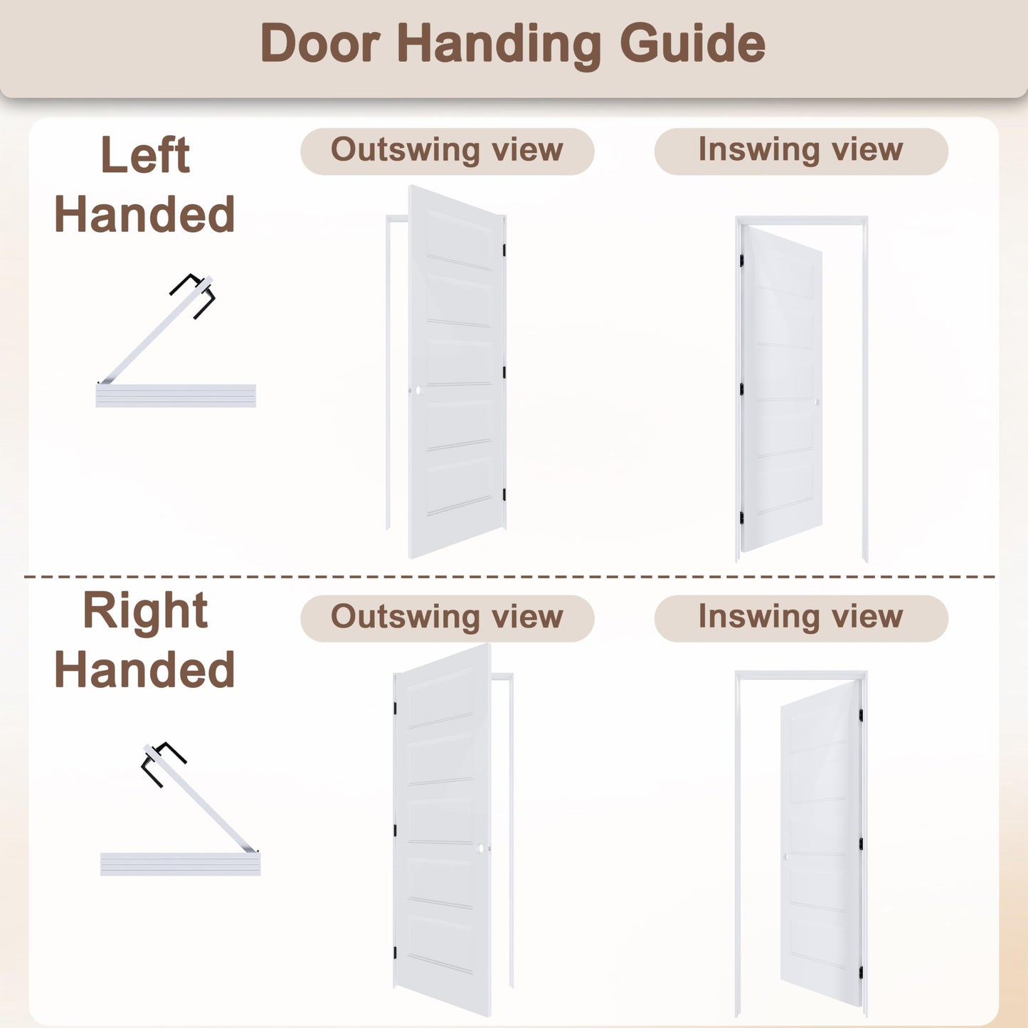 JUBEST 36"x80" Left-Hand Prehung Interior Door with Knock Down Jamb Kit & Matte Black Hinges, 5-Panel White Primed Hollow Core Molded Door Slab with Bore & Hinge Cutout, Durable & Sturdy, No Handle