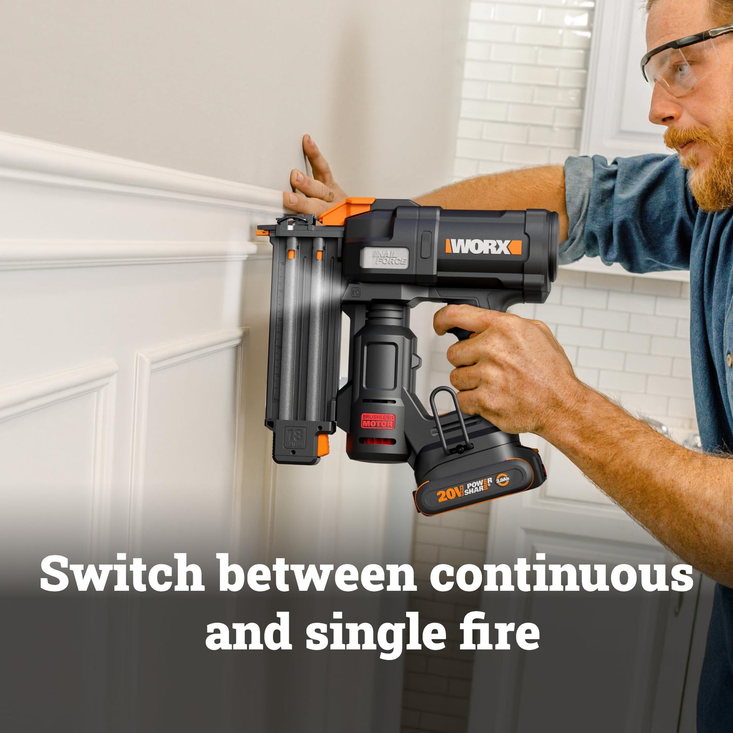 WORX Brad Nailer Cordless, 20V 18 ga Brushless Nail Gun Cordless, High Driving Power, Up to 2-⅛" into Hardwood, Narrow Nose, 3 LEDs, 3000 Nails & 20V 2.0 Ah Battery and Charger Included, PowerShare
