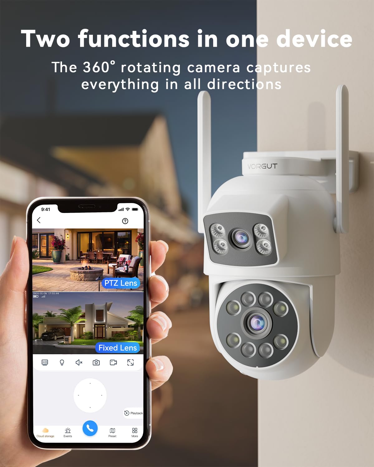 VORGUT Security Camera System Wireless Outdoor with 12" Monitor, 4pcs 2K Dual Lens Cameras for Home & Business Surveillance, 360° PTZ, 2.4G/5G WiFi, Human Detection, Auto Tracking, 16CH NVR, 500G HDD