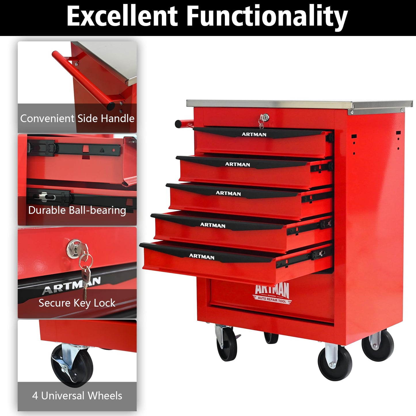 KEIKI 6 Drawers Tool Cart on Wheels,Multifunctional Rolling Tool Chest Tool Storage,Drawers Rolling Tool Trolley Organizer Tool Case for Garage, Warehouse, Workshop, Repair Shop (Red)