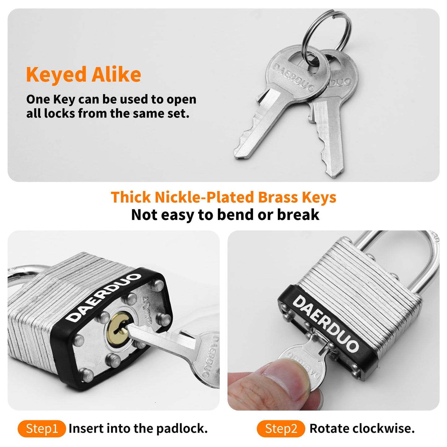 DAERDUO 48 Pack 40 mm (1-9/16") Keyed Alike Laminated Padlocks with 96 Keys, Hardened Steel Long Shackle, Heavy-Duty Locks for Gym Lockers, Toolboxes, School Lockers, and Hasp Latches