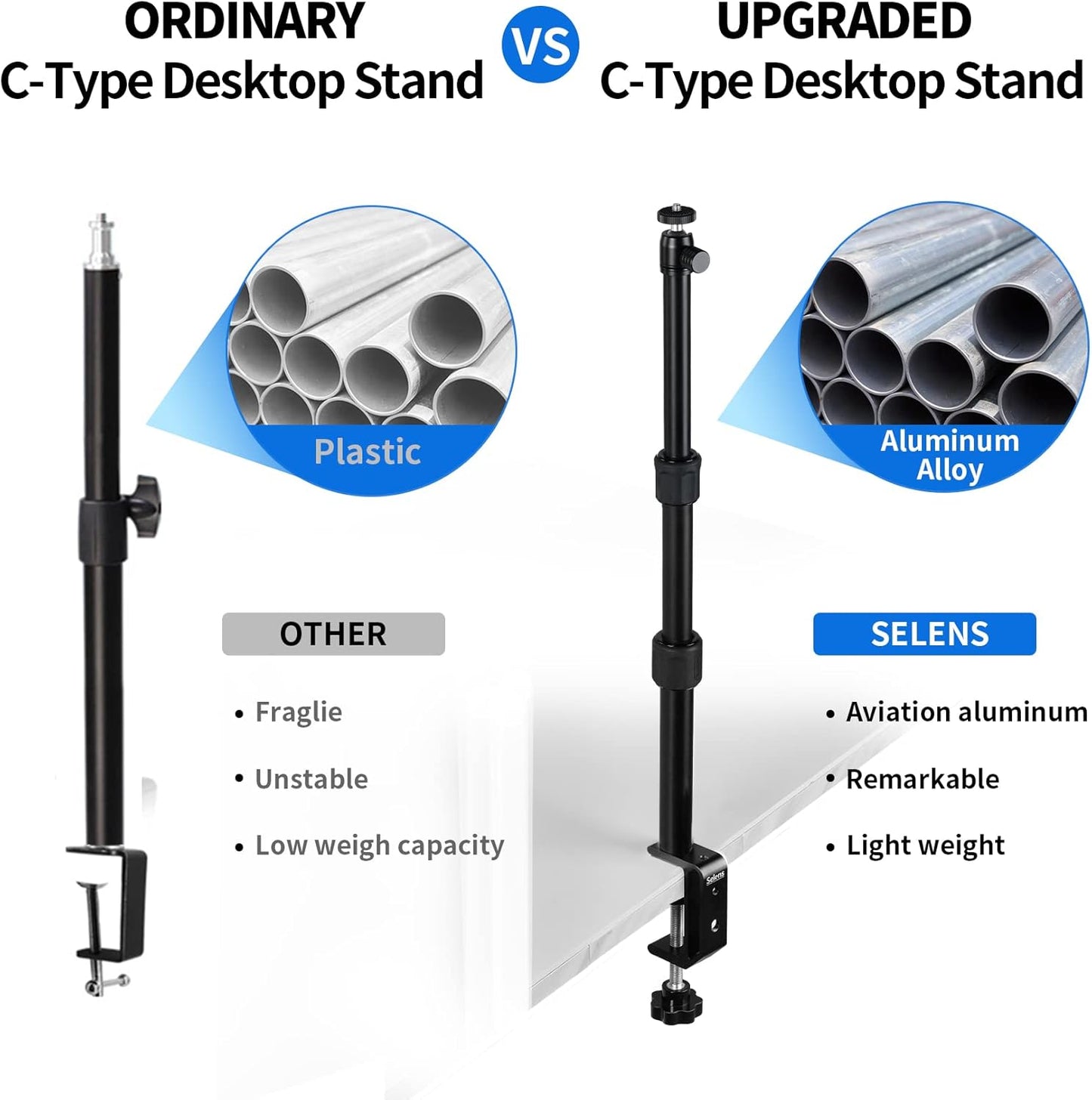 Selens 9.4"-18.5" 1/4" Tabletop Camera Desk Mount Stand, with Ball Head, Adjustable Desktop Stand Mount for DSLR