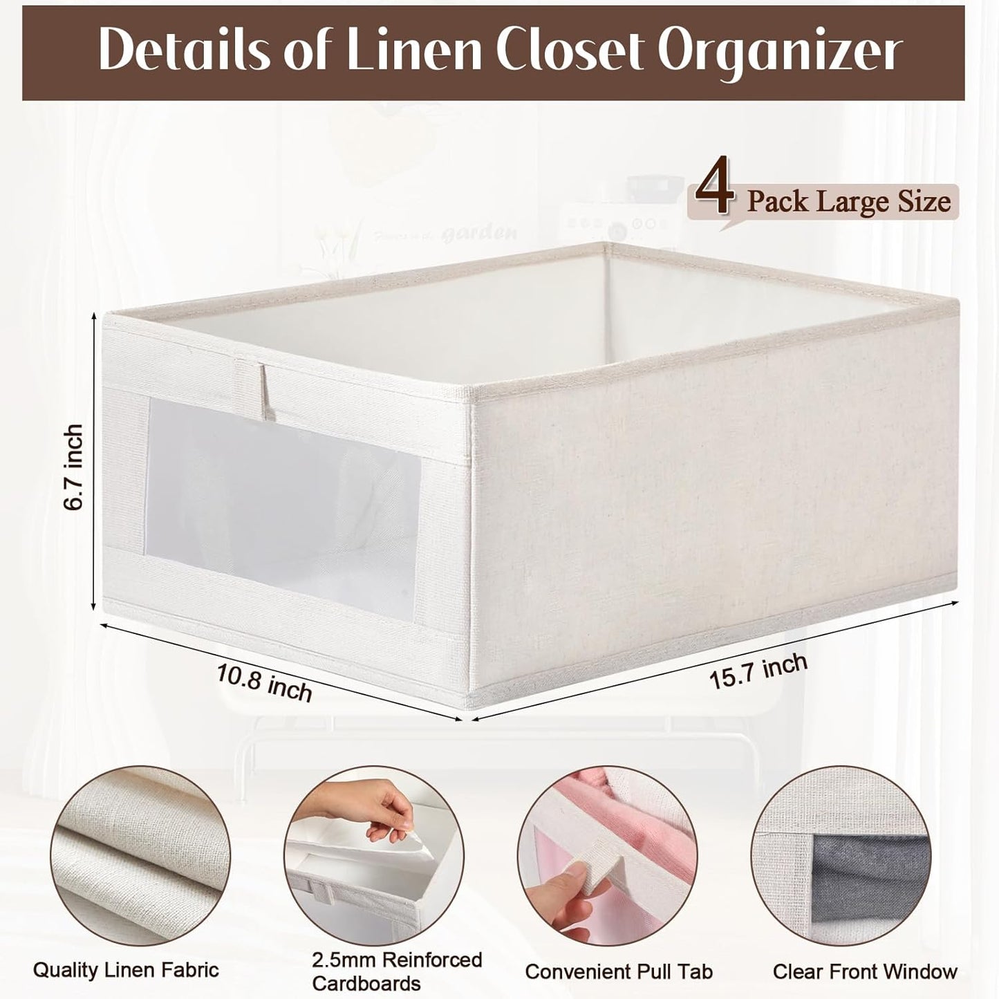 VZZNN Linen Closet Organizers - 4 Pack Foldable Storage Bins with Clear Window | Beige