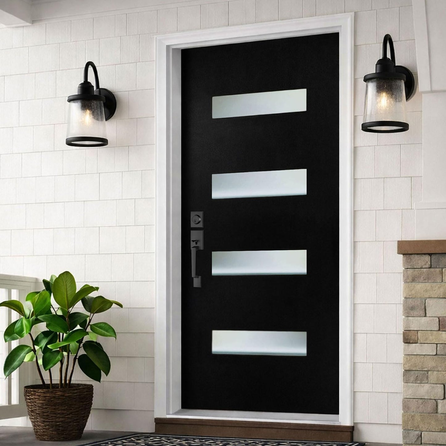 KHSHOW 36 x 80 Fiberglass Entry Door with Brickmould, Frosted Glass, Black Finished Knock-Down Fiberglass Door - Contemporary Style for Home's Front Entrance, Right Hand Inswing with Vinyl Frame