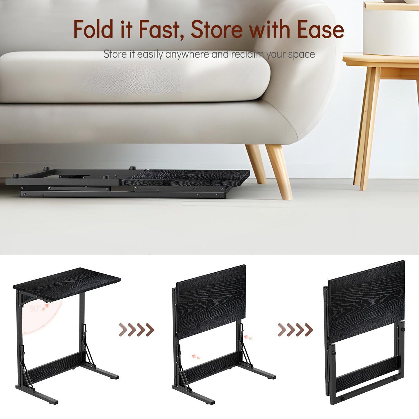 Tatub 24" Folding C Shaped End Table, Small Sofa Side Laptop Desk, Couch TV Tray Table for Living Room, Bedroom, Dark Black