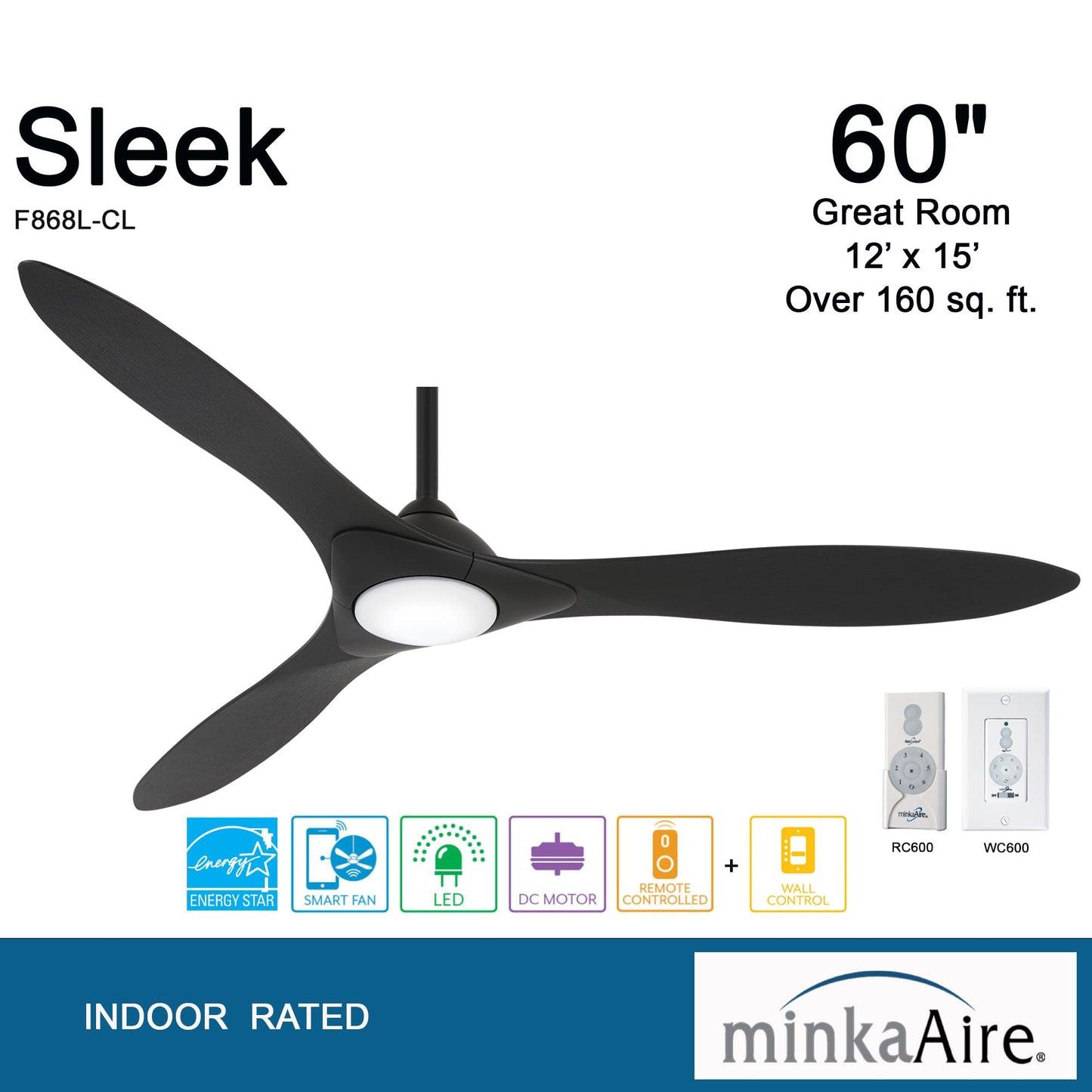 MINKA-AIRE Sleek 60in Smart Ceiling Fan with LED Light, Remote Control, Model F868L-CL/CL