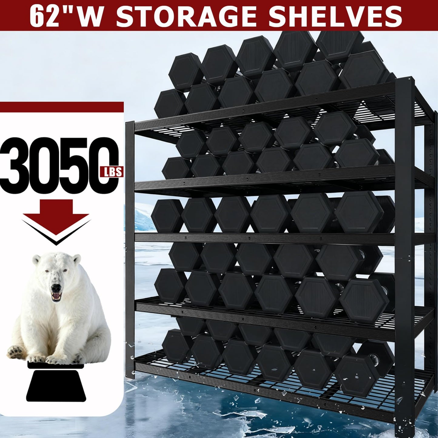 ZEUKMXOO 62" W 3050LBS Storage Shelves Unit,5 Tier Heavy Duty Metal Shelving Unit and Storage Large Rack,72" H x62 W x24 D Adjustable Metal Shelving Unit,Garage Shelves for Basement,Warehouse