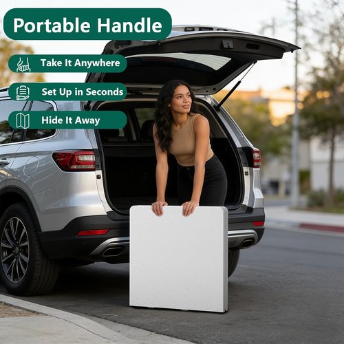 Folding Table | 4ft Heavy-Duty Fold-in-Half Plastic Table with Adjustable Height - Portable for Indoor & Outdoor Use (White)
