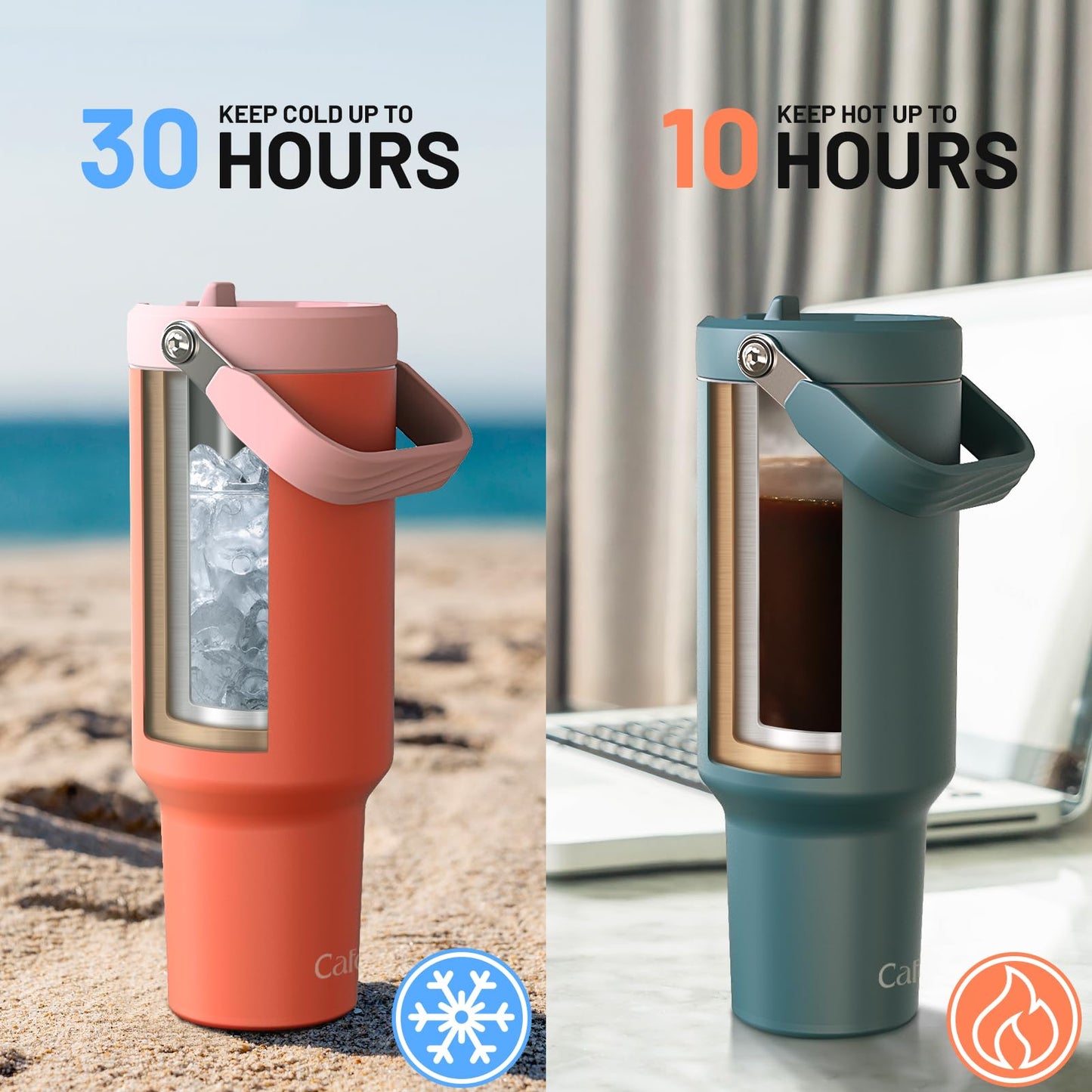 Cafezi 50 oz Insulated Tumbler with Straw, Stainless Steel Water Bottles with Flip Straw and Top Handle, Leak Proof Flip, No Sweat, Fits in Cup Holder, Vacuum Insulated Cup for Home, Outdoors, Car