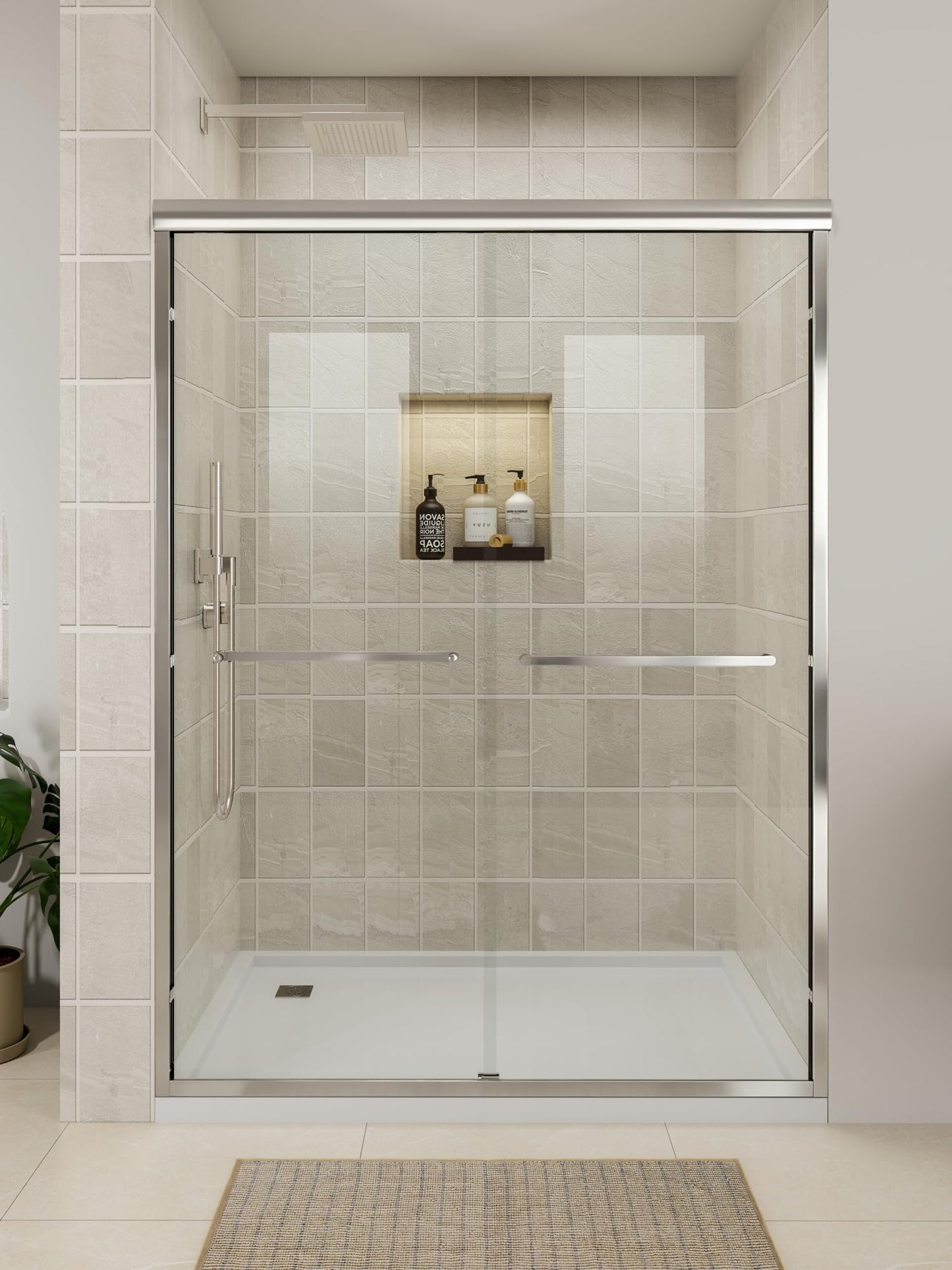 Glass Shower Door, 50-54" W x 72" H Sliding Shower Door, Aluminum Semi-Frameless & 1/4"(6mm) Clear Tempered with Explosion-Proof Film Nano Coating Shower Door Fit for Walk in Shower, Chrome Silver