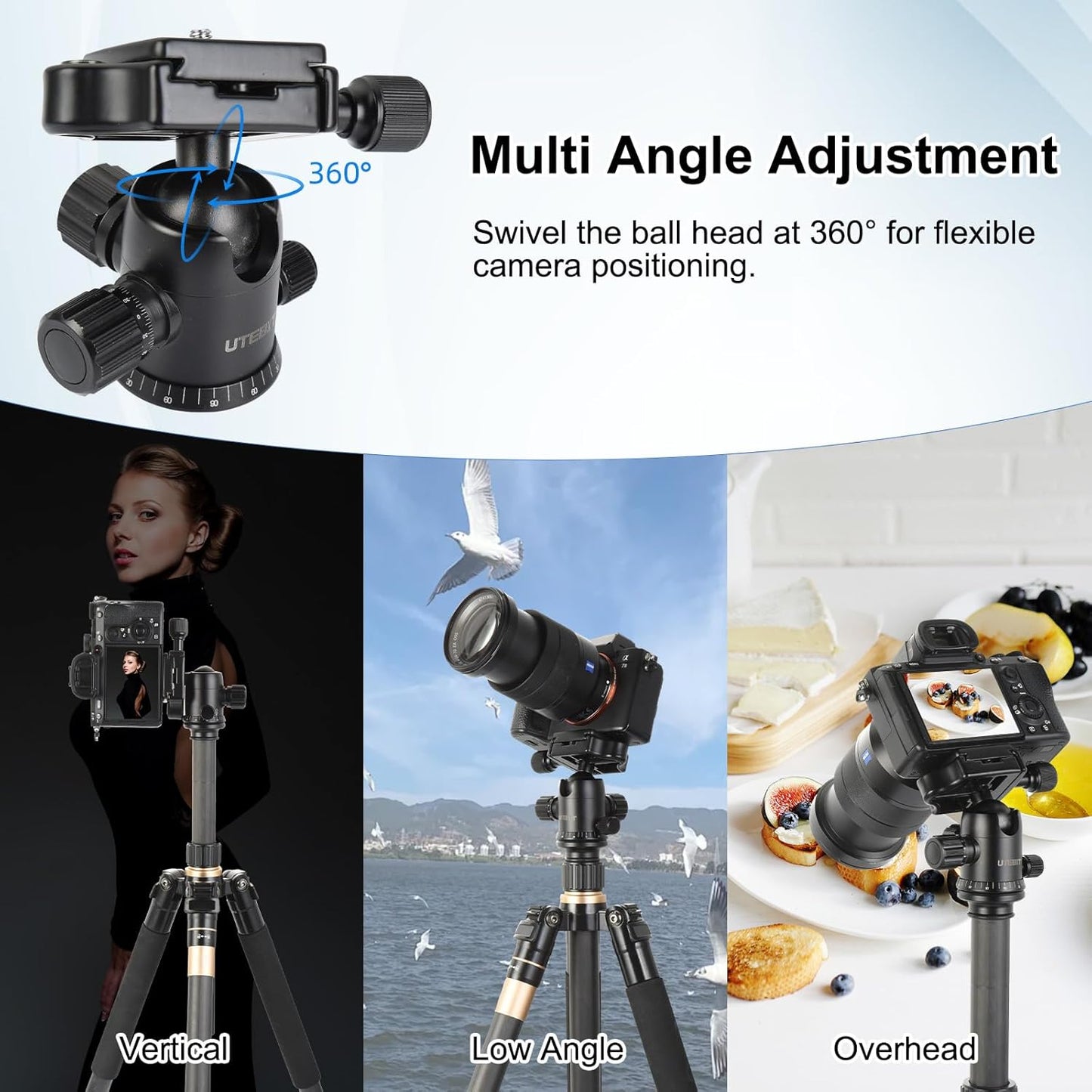 UTEBIT 40MM 360 22lbs/10kg 1/4" Metal Tripod Ball Head with Camera Quick Release Plate Swivel Camera Ball Mount Load
