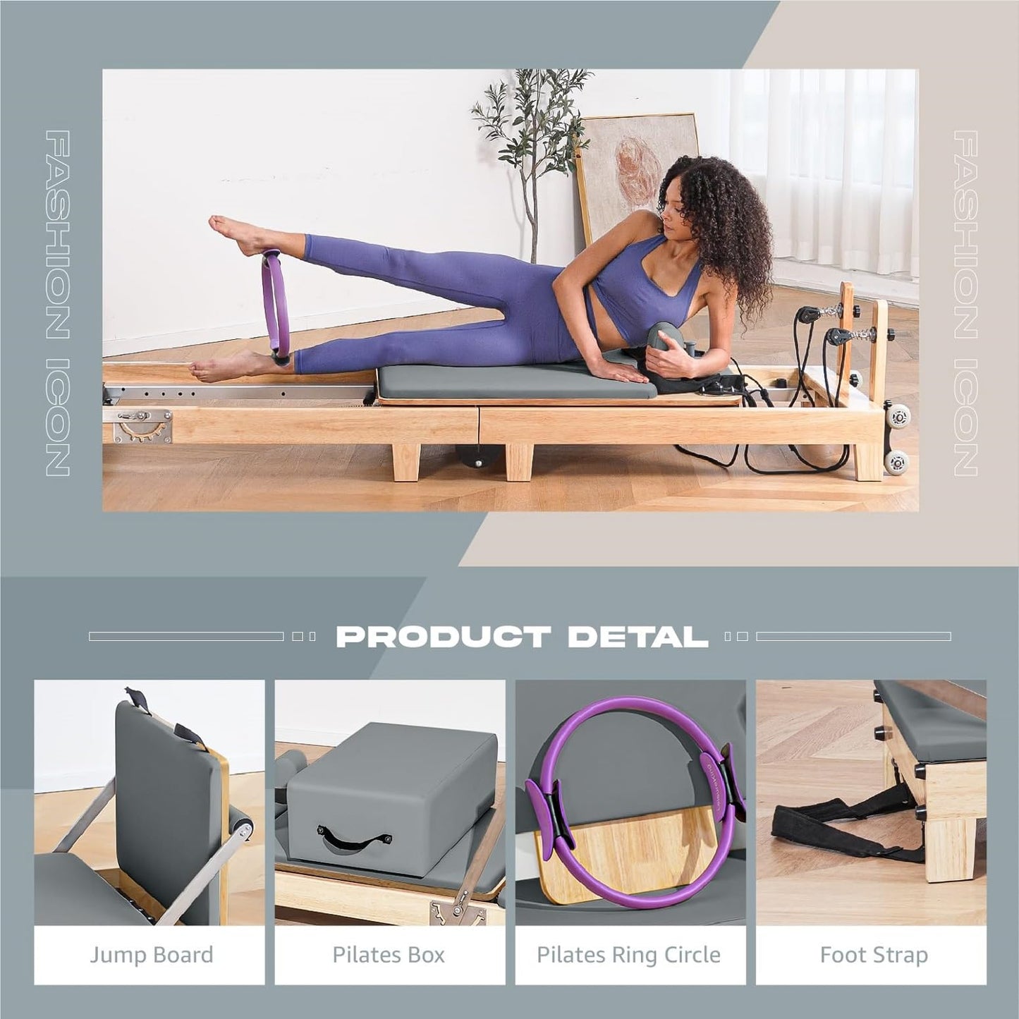 LeisureKing Pilates Reformer Machine PRO, Studio Grade Pilates Equipment for Home Workout with 5 Springs and Microfiber Leather, Oak Wood Foldable Pilates Reformer with Reformer Accessories, Gray