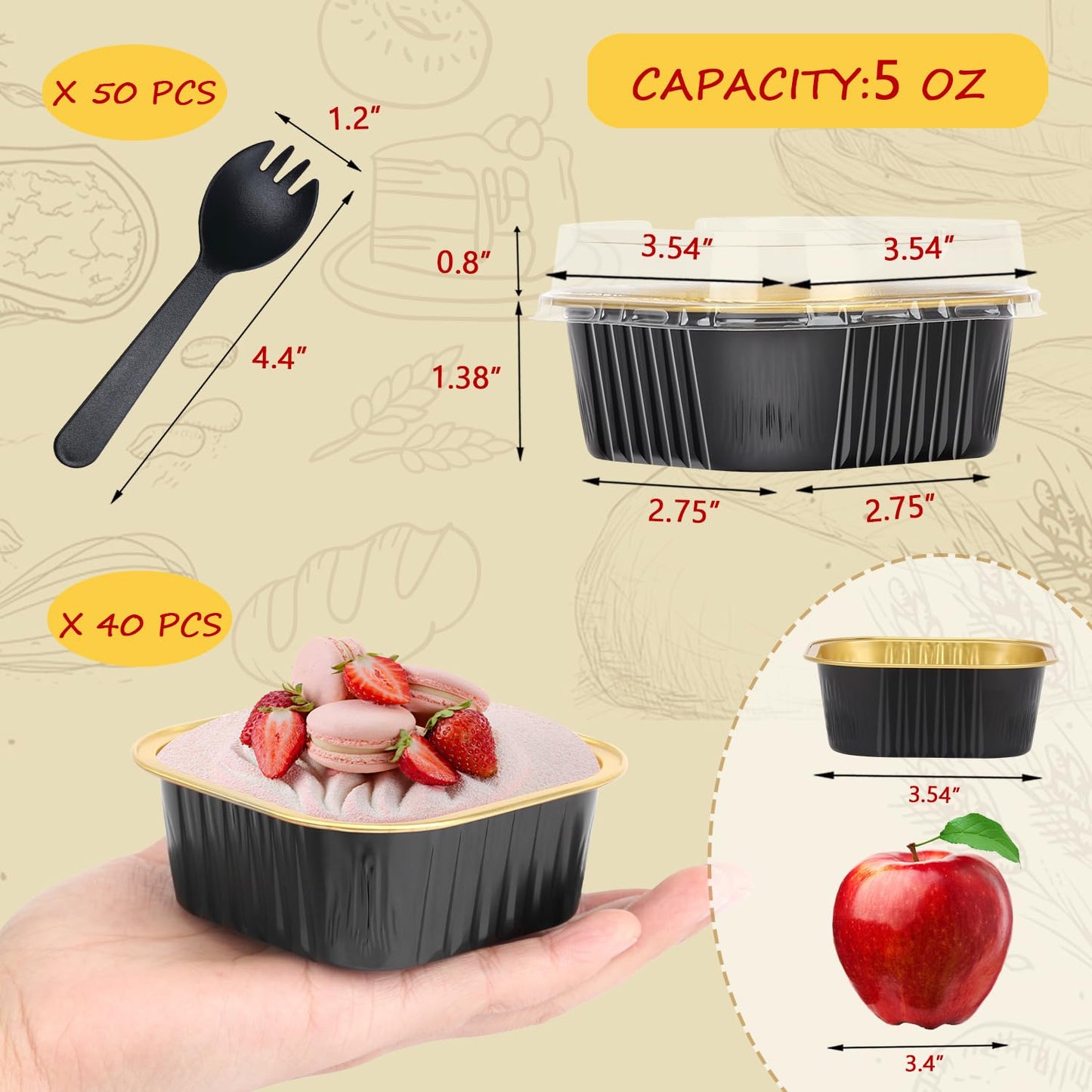 LNYZQUS 5oz Cupcake Mini Cake Pans with Lids 40 Pack, Aluminum Foil Cupcake Cups Brownie Baking Pans,Square Disposable Ramekins Baking Cups,Small Muffin Tin Holders-Black In Gold
