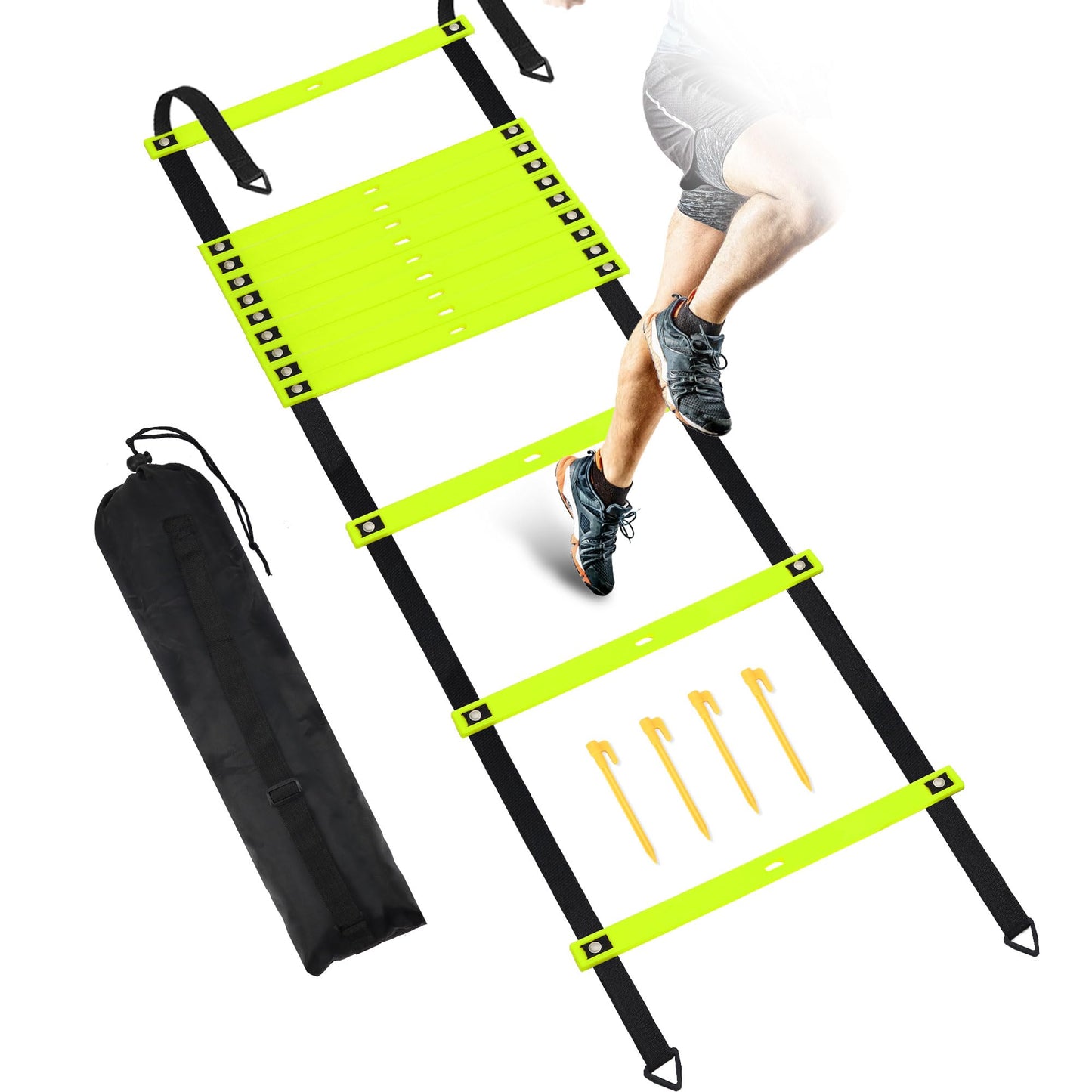 Camkinger Fixed Rung Agility Ladder, 20ft, 12 Rungs No Tangle Speed and Agility-Training Equipment for Soccer Footwork Coaching Ladders with Carrying Bag, Ground Stakes for Adults, Youth Kids, Green