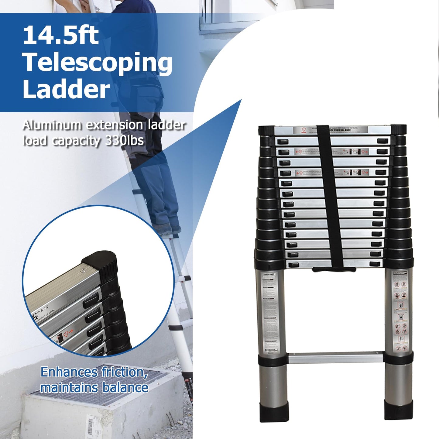 WFLNHB 14.5 FT Telescoping Ladder One Button Retraction Aluminum Extension Ladder Collapsible Suitable for Outdoor or Indoor