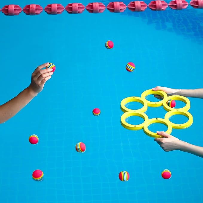 Hiboom Pool Game with Score, Combo Foam Pool Floats with 10 Colorful Tossing Balls, Toss Game Swimming Party Toys Accessories for Family Par, Dive Rings(Round,Yellow)
