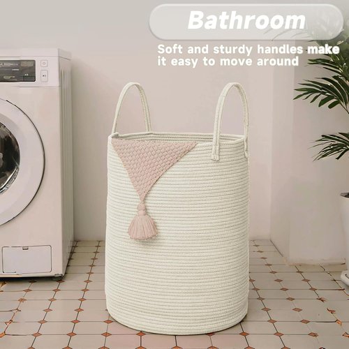 JMvicyroam Large Woven Laundry Basket - 60L Cotton Rope Storage Bin for Blankets, Toys & Clothes | White