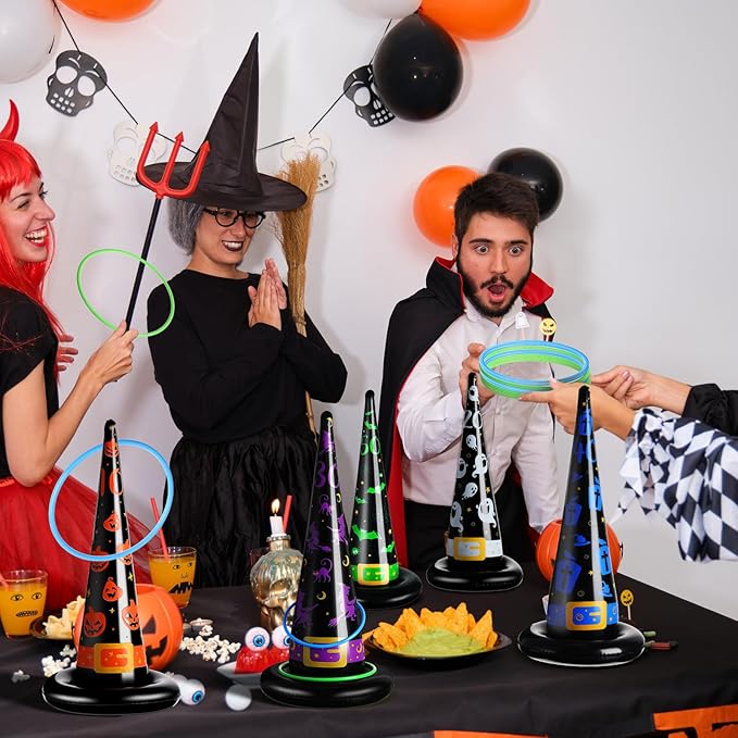 Skylety 31 Pcs Halloween Party Favor Inflatable Witch Hat Ring Toss Including 10 Inflatable Witch Hats 20 Plastic Ring Toss for Carnival Halloween Party Favor Indoors Outdoor
