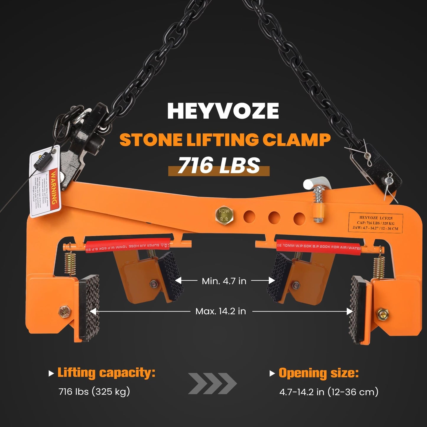 HEYVOZE 716 lbs Granite Slab Lifting Clamp, 4.7–14.2 in Adjustable Opening, Heavy-Duty Stone Lifting Clamp for Vertical Handling of Marble, Concrete Blocks, Slate Slabs, and Curb Stones