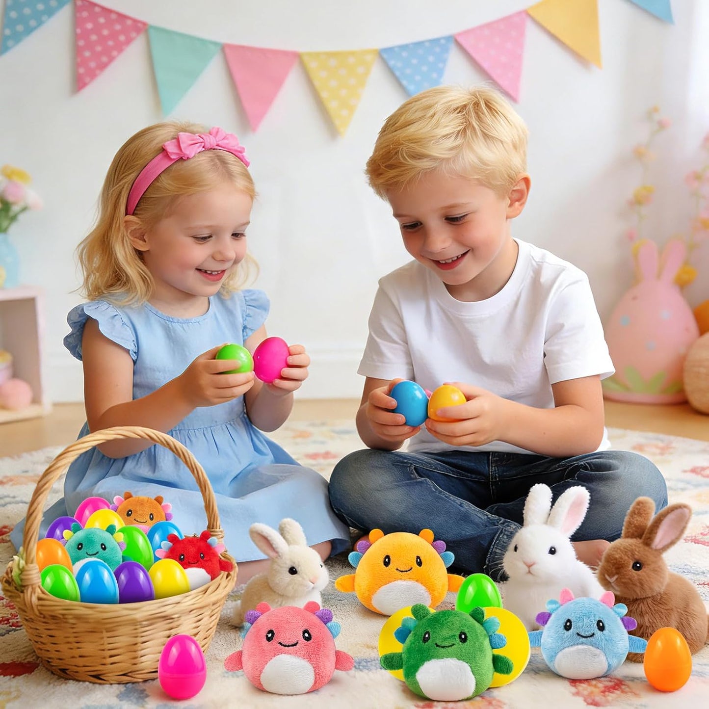 Skiennix Easter Basket Stuffers - 12 Pack Prefilled Plastic Eggs with Axolotl Plush Toys for Kids