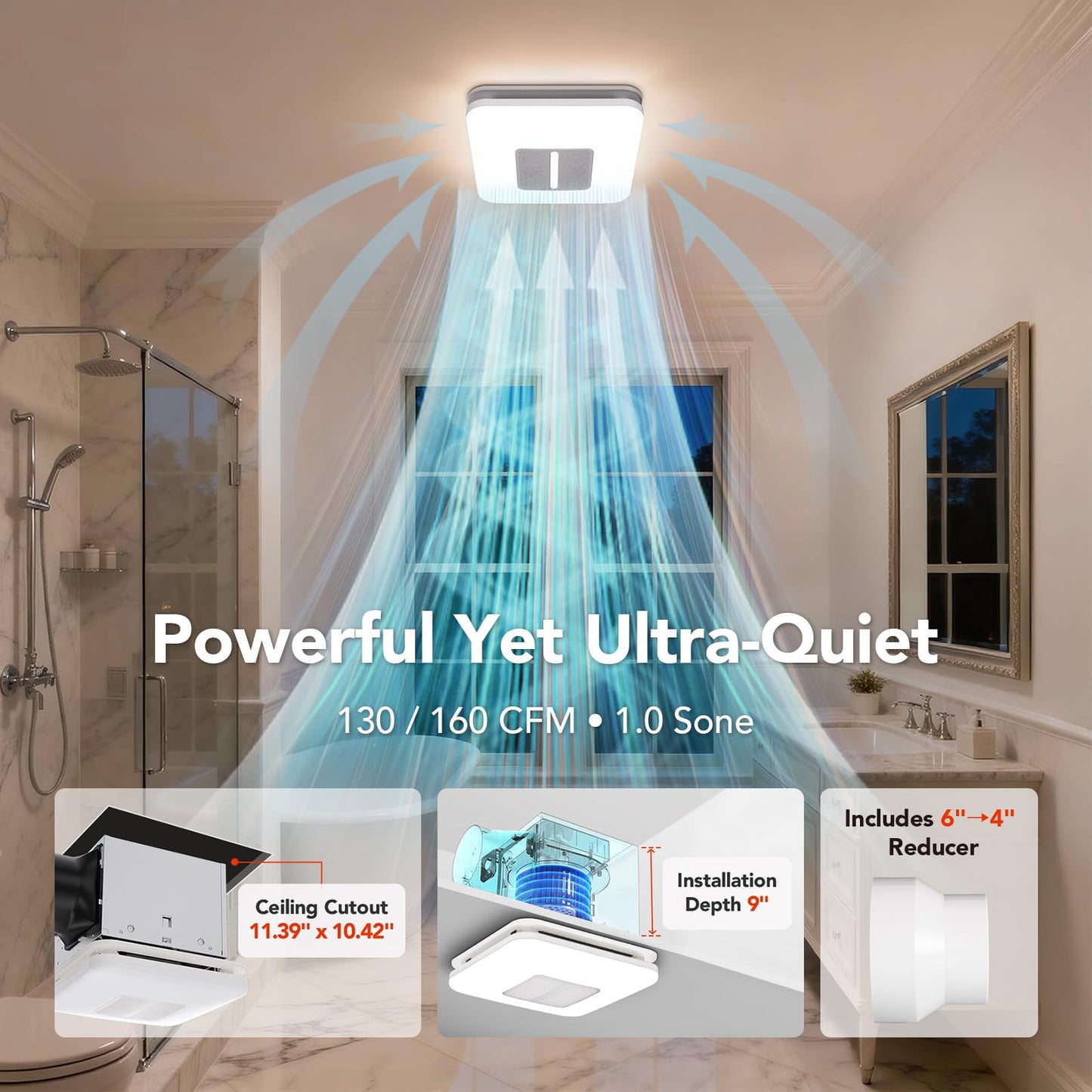 OREiN Matter Smart Bathroom Fan with Light – Humidity Sensor, 130–160 CFM Ventilation, Ultra-Quiet 1.0 Sone, Tunable White & Custom RGB, Dual Bluetooth Speakers, Compatible with Alexa & Google Home