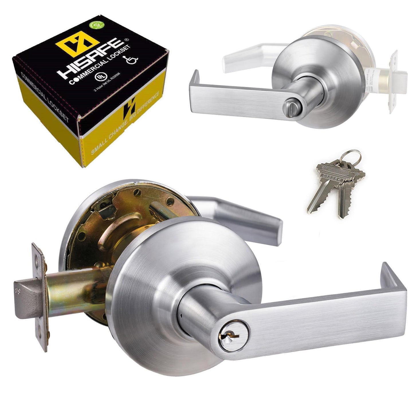 HISAFE Keyed Entry Grade 1 Commercial Door Locks Heavy Duty Office Door Lever, Non-Handed, UL 3 Hour Fire Rated, ADA Compliant, Brass Latch, 2-3/4''Backset, Satin Chrome 26D