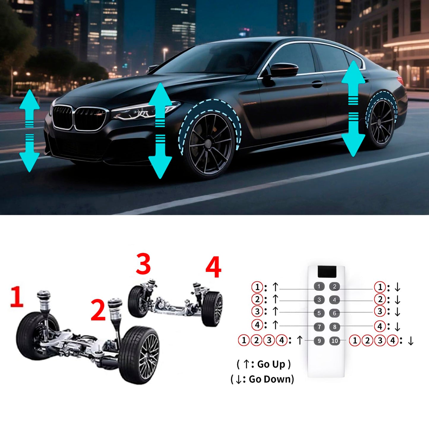 CNWZYMX 12V Air Management featuring 8-Valve Air Ride Suspension Manifold, with 10-Button Wireless Remote Controller and Five-Way Red Display Air Pressure Gauges