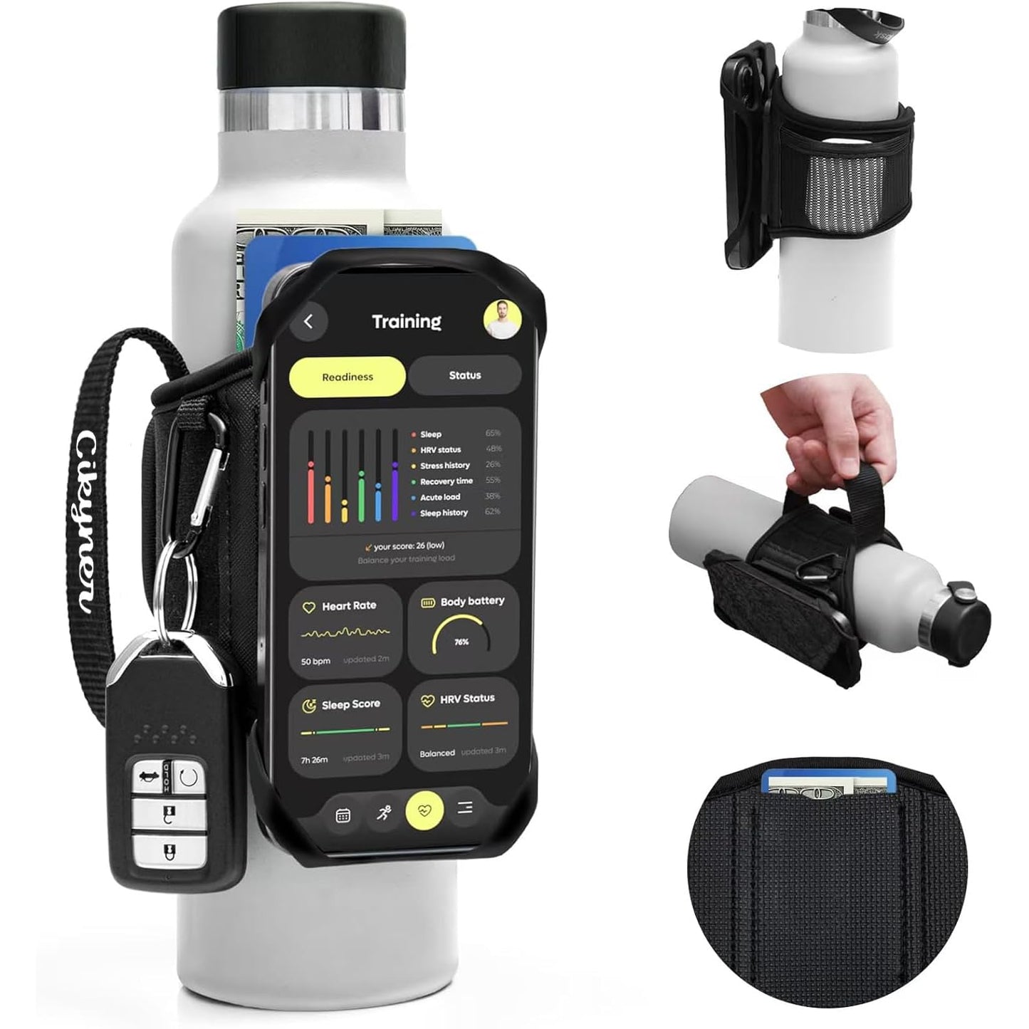 Cikyner Water Bottle Strap, Water Bottle Holder for Mobile Phone 360° Rotatable & Removable Water Bottle Pouch Gym Water Bottle Accessories for 4.5-7'' Mobile Phone & 18-40 oz Water Bottles (G7L)