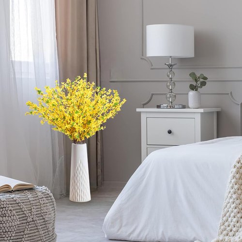 MHMJON 10PCS 34.65'' Artificial Forsythia Branches Yellow Flowers Fake Forsythia Blossom Long Stems Fake Winter Jasmine Cemetery Flowers for Home Table Wedding Graveyard Indoor Outdoor Decor